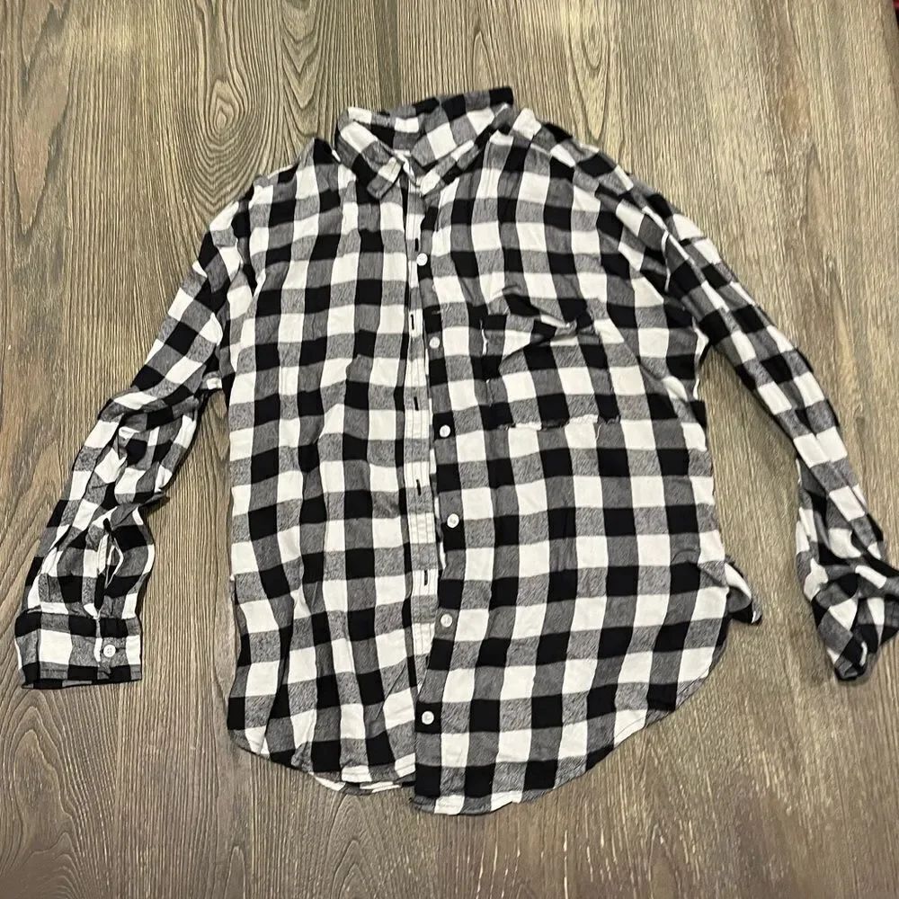 Hollister Plaid Striped Button-Down Shirt Long Sleeve Lightweight Black White L